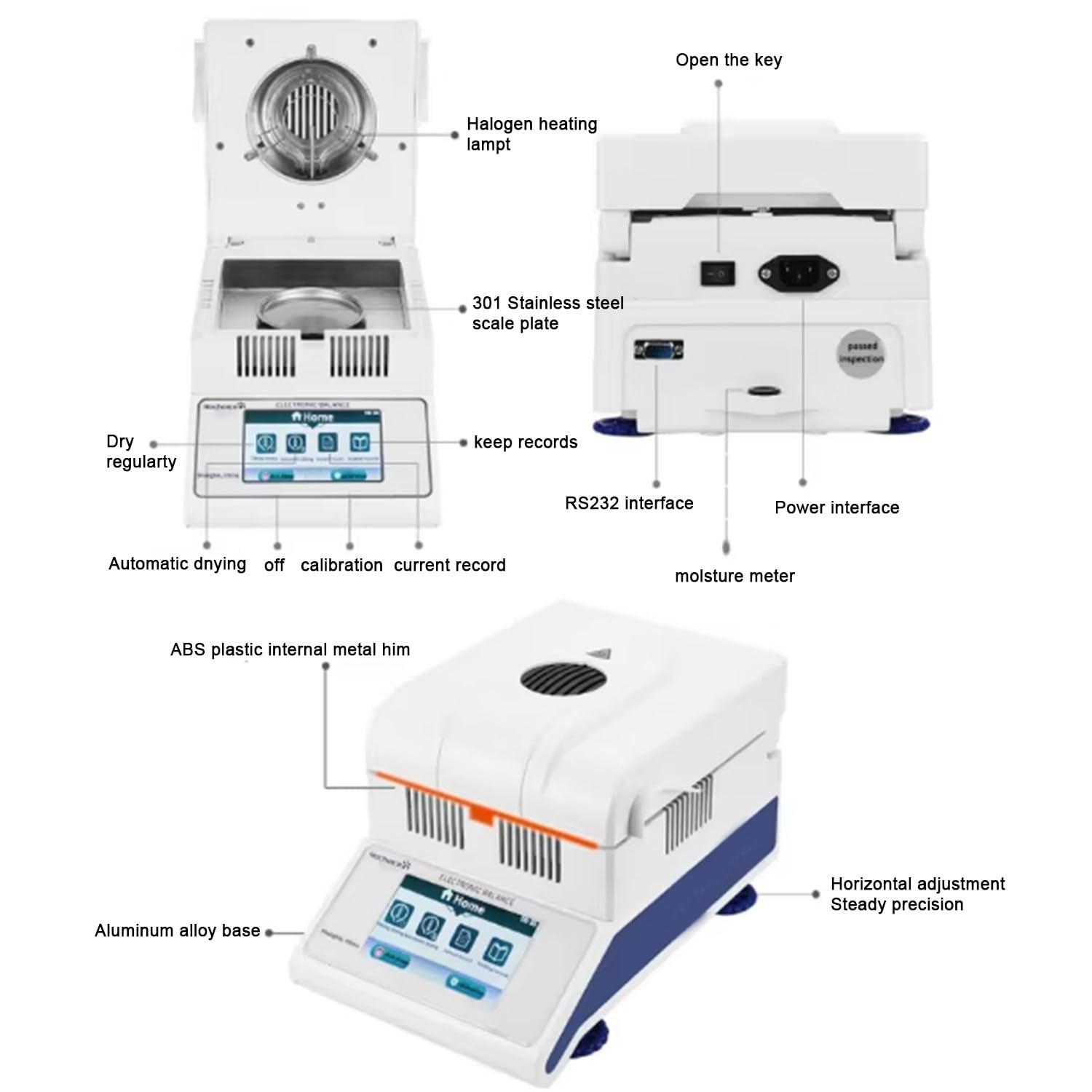 Analizador De Humedad Halógeno Alta Precisión,Balanza De Determinación Humedad De Laboratorio,Legibilidad De Humedad 0,02%,2 Modos De Secado Con Puertos Rs232,50g/0.001g