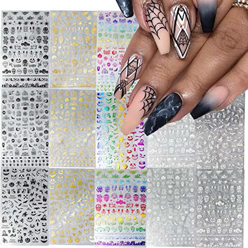 15 Sheets Halloween Nail Art Stickers Decals Self-Adhesive Skull Ghost Bat Spider Pumpkin Nail Decals Gold Silver White Black Nail Art Suppiles Halloween Scary Nial Decoration For Women Girls Manicure Diy Design #TOP5