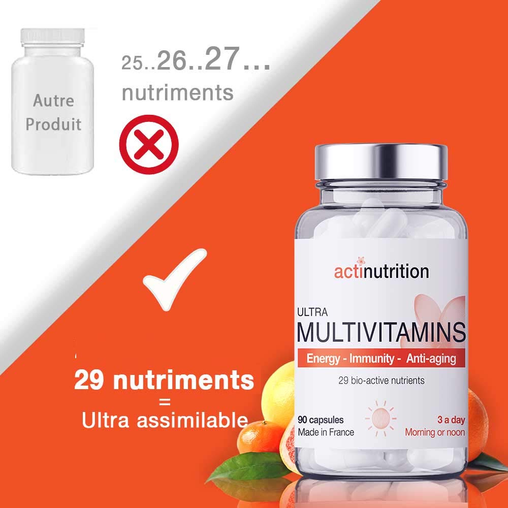 ULTRA Multivitamines | 29 Nutriments Bio-Actifs | Complexe B - B1, B2, B3, B5, B6, B7, B8 (Biotine), B9 (Acide Folique), B12 | Vitamines C & D | Vitalité & Immunité | 90 Gélules | Fabriqué en France