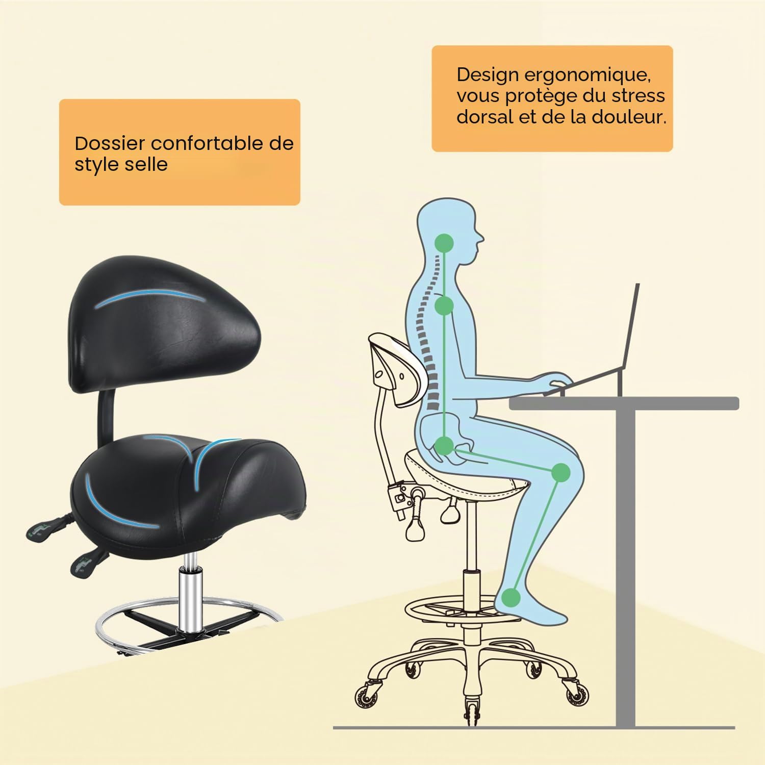 Tabouret de selle hydraulique pivotant réglable avec support dorsal et repose-pieds, résistant 158,8 kg, noir