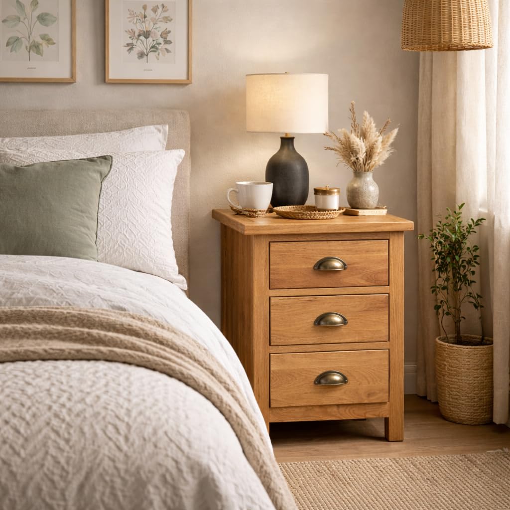 Home Furniture Group Ltd Oakcroft 3 Drawer Bedside Table โ Rustic Bedroom Nightstand with Cup Handles โ 42cm Wide โ Fully Assembled