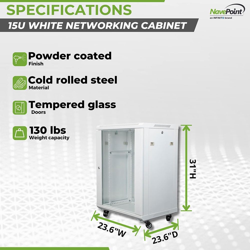 NavePoint 15U Network Cabinet with Glass Door – 15U Wall Mount Server Cabinet White 19” Rack for IT Equipment, AV Devices, Networking Equipment –21.5” Deep Server Rack Enclosure w/Wheels