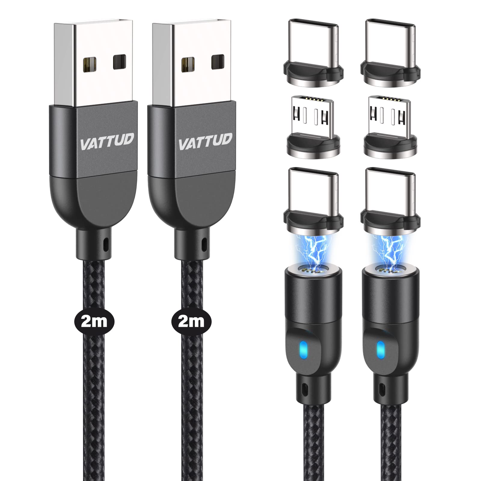 Magnetic Charger Cable [2-Pack, 2M /2M], Vattud 3-in-1 360° Rotating Magnetic Phone Charging Cable, Nylon Braided with LED Light Compatible with Micro USB, Type C, iProduct and Most Devices