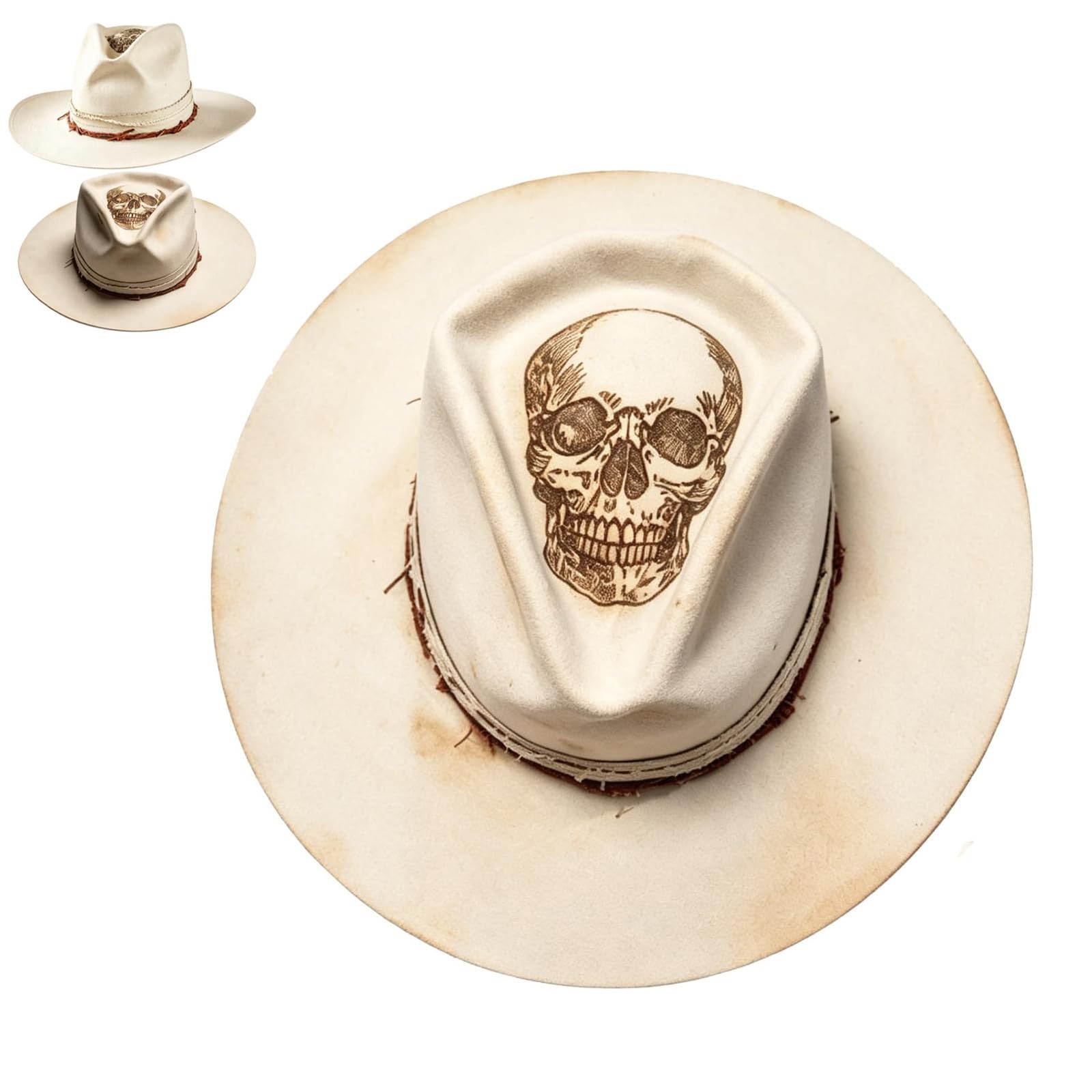Generico Cappello da Cowboy con Teschio Hellfire Bianco Avorio, Cappello da Cowboy Western Invecchiato con Fascia con Teschio, Berretto a Tesa Larga per Uomo Donna, Copricapo da Motociclista