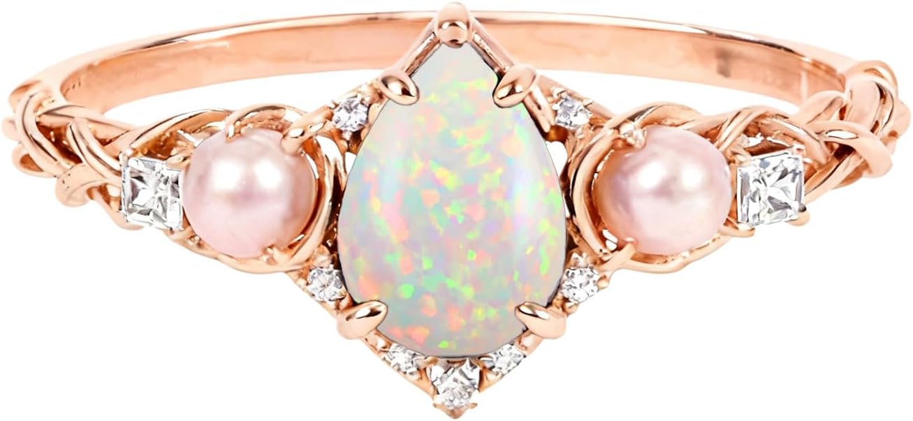 10K 14K 18K Gold 1 Carat Pear Gemstone Ring for Women with Pearl Accented, Diamond and Pear Gemstone Engagement Anniversary Rings