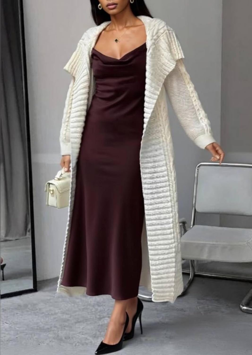 Women's Cable Knit Long Cardigan Long Sleeve Open Front Lapel Shawl Collar Chunky Oversized Duster Sweaters Coat - Image 5