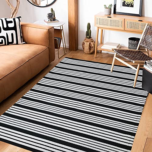 Black And White Striped Outdoor Rug 35.5'' X 59'' Cotton Hand-Woven Reversible Foldable Washable Area Rug For Layered Doormats Porch/Front Door,Entryway,Laundry Room,Farmhouse,Kitchen (35.5'' X 59'') #TOP6