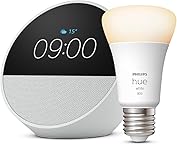 Echo Spot | Blanco + Philips Hue - Bombilla led inteligente, casquillo E27, Compatible con Alexa - Kit de inicio de Hogar digital