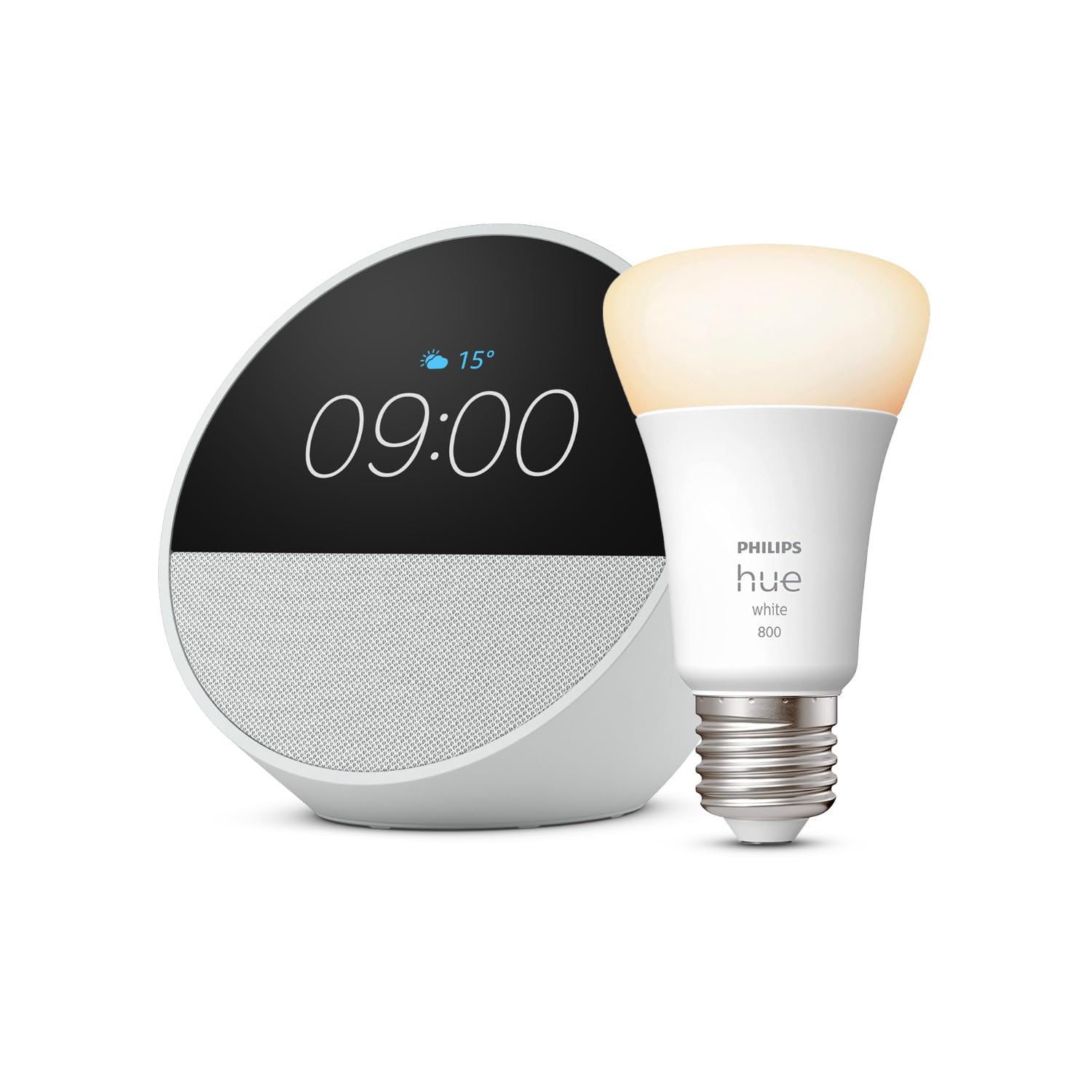Echo Spot | Blanco + Philips Hue - Bombilla led inteligente, casquillo E27, Compatible con Alexa - Kit de inicio de Hogar digital