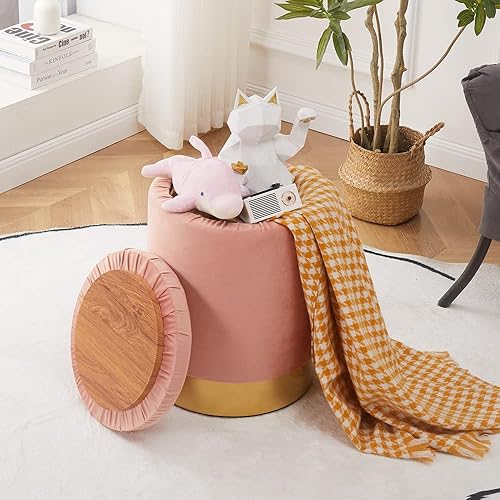 Miniatura 3 de Mxfurhawa Taburete otomano de terciopelo de almacenamiento multiusos de 23 cuartos con base de metal, moderno taburete redondo para tocador,