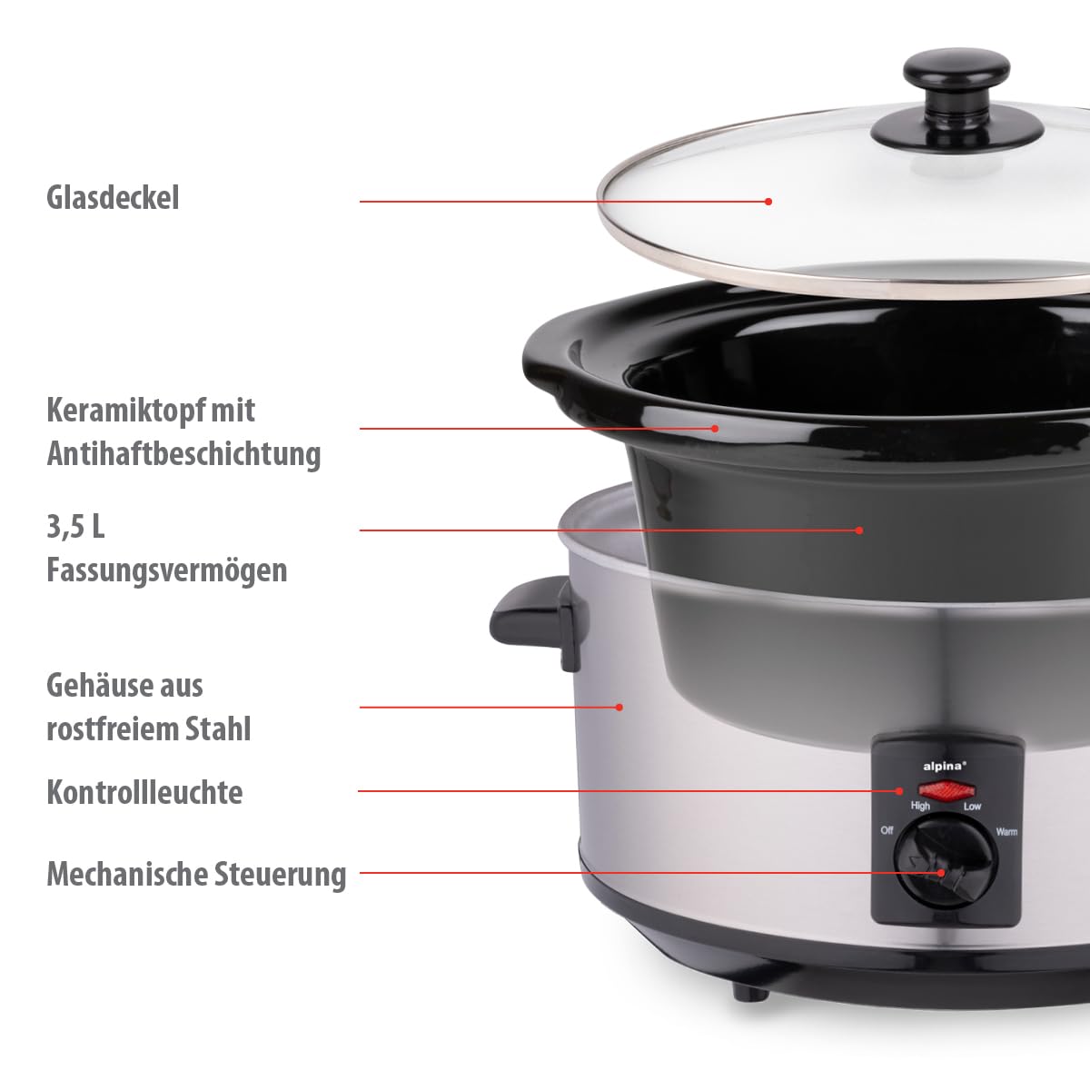 alpina Slow Cooker 3,5L - Multikocher mit Warmhaltefunktion - Crockpot mit Keramik-Innenpfanne und Glasdeckel - Multicooker 240W - Crock Pot Edelstahl, Silber