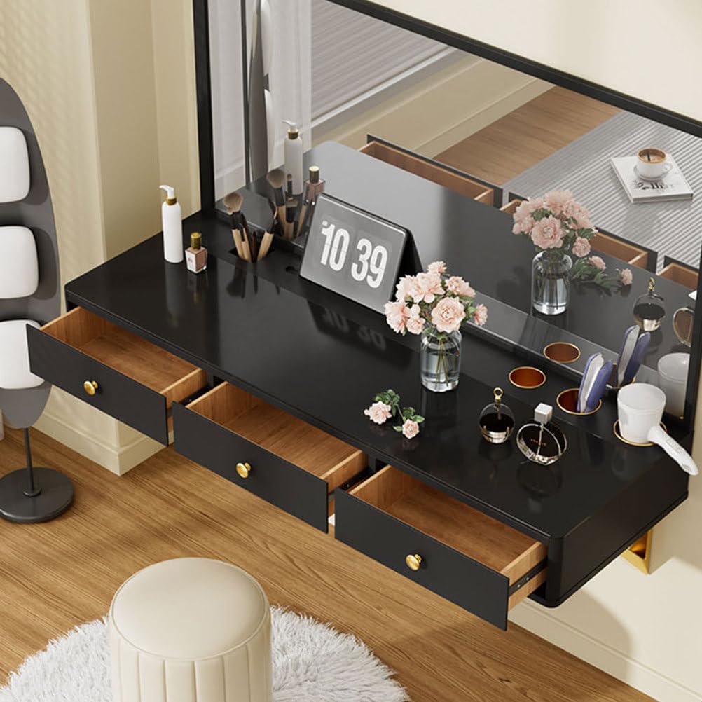 47 Wall-Mounted Floating Vanity Table Floating Shelf with Drawers & Storage Holes Multi-Purpose Makeup Station Hairdressing Desk or Study Table with Glass TopBlack product thumbnail 2