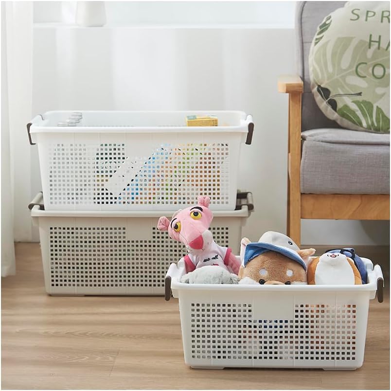 Stackable Storage Basket Organizer with Handle | Storage Bin, 40 Liter, Set of 2, White