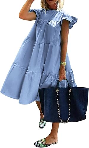 BAXLIMEK Vestidos tipo babydoll para mujer, vestido de playa con mangas con volantes, bonito vestido de playa de verano 2023, romántico, fluido y