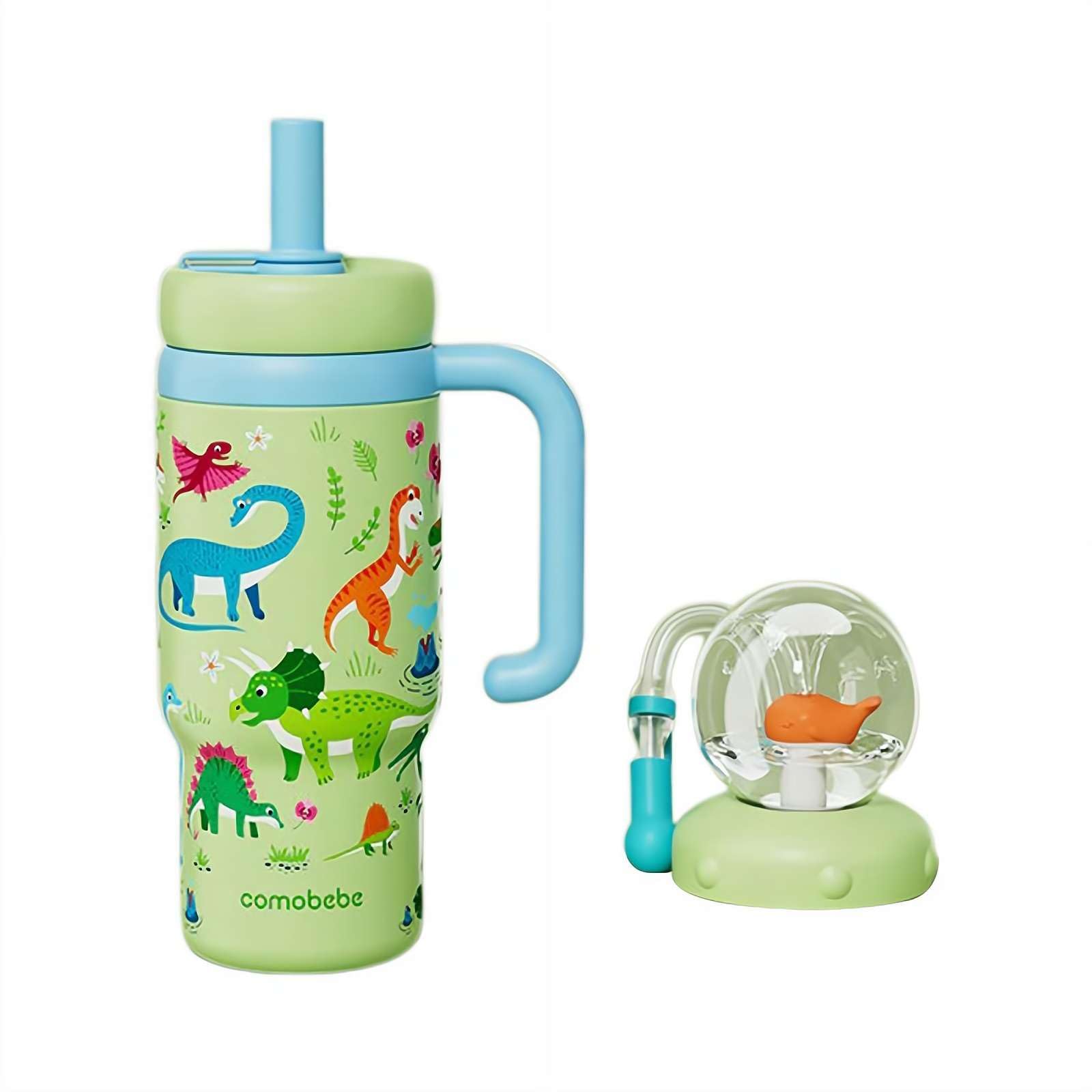 Whale Fountain Water Bottle Tumbler with Handle 24oz 3D Stainless Steel Whale Fountain Tumbler Two Lids, Leak-Proof Cute Drinking Cup for Teens Adults (Green 3D)