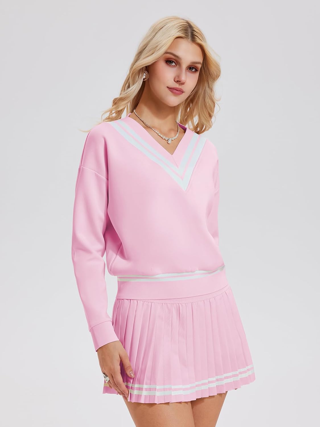 Women's 2 Piece Tennis Skirt Set, V-Neck Long Sleeve Sweatshirt & High Waisted Pleated Skirt, Athletic Outfit for Golf - Image 2