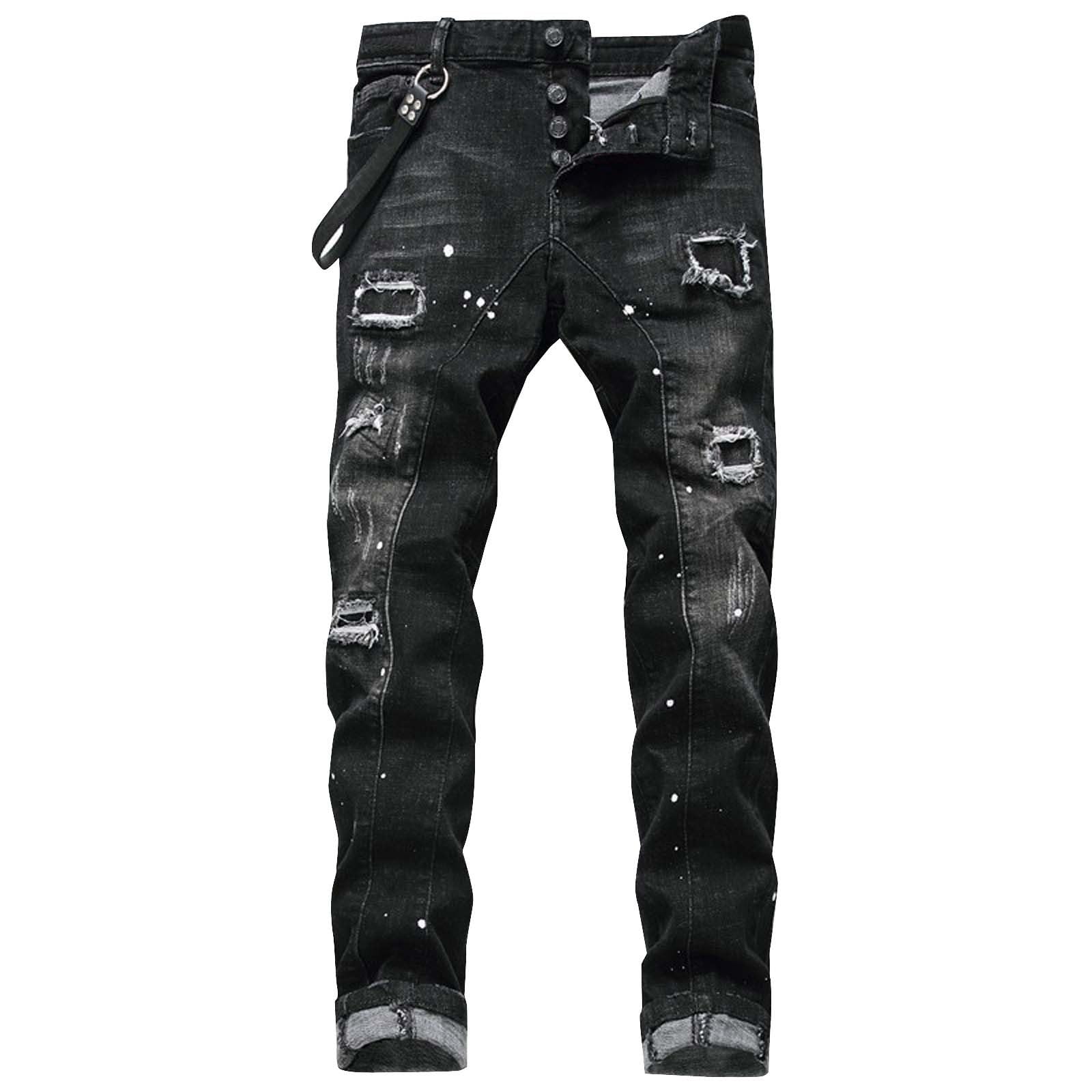 Pantaloni Tuta Uomo Invernali Baggy Pantalone Eleganti Jeans Uomo Slim Fit Strappi Stretch Denim con Design Spray e Stile Streetwear