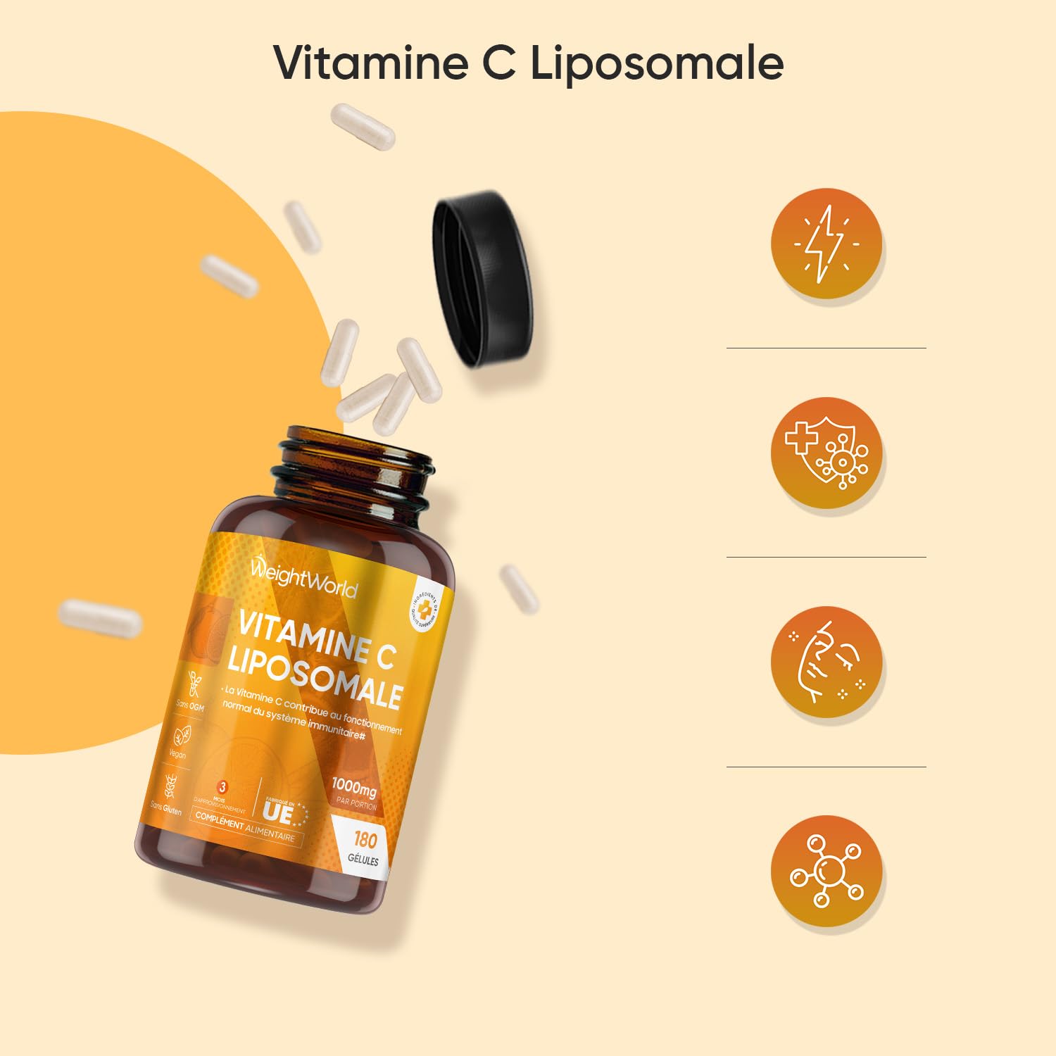Vitamine C Liposomale 1000mg, 180 Gélules Vegan, Vit C 1000mg Liposomale Gélules, Acide Ascorbique Enrichie avec Extrait d'Églantier (Cynorrhodon) & Phospholipides de Tournesol pour 3 Mois