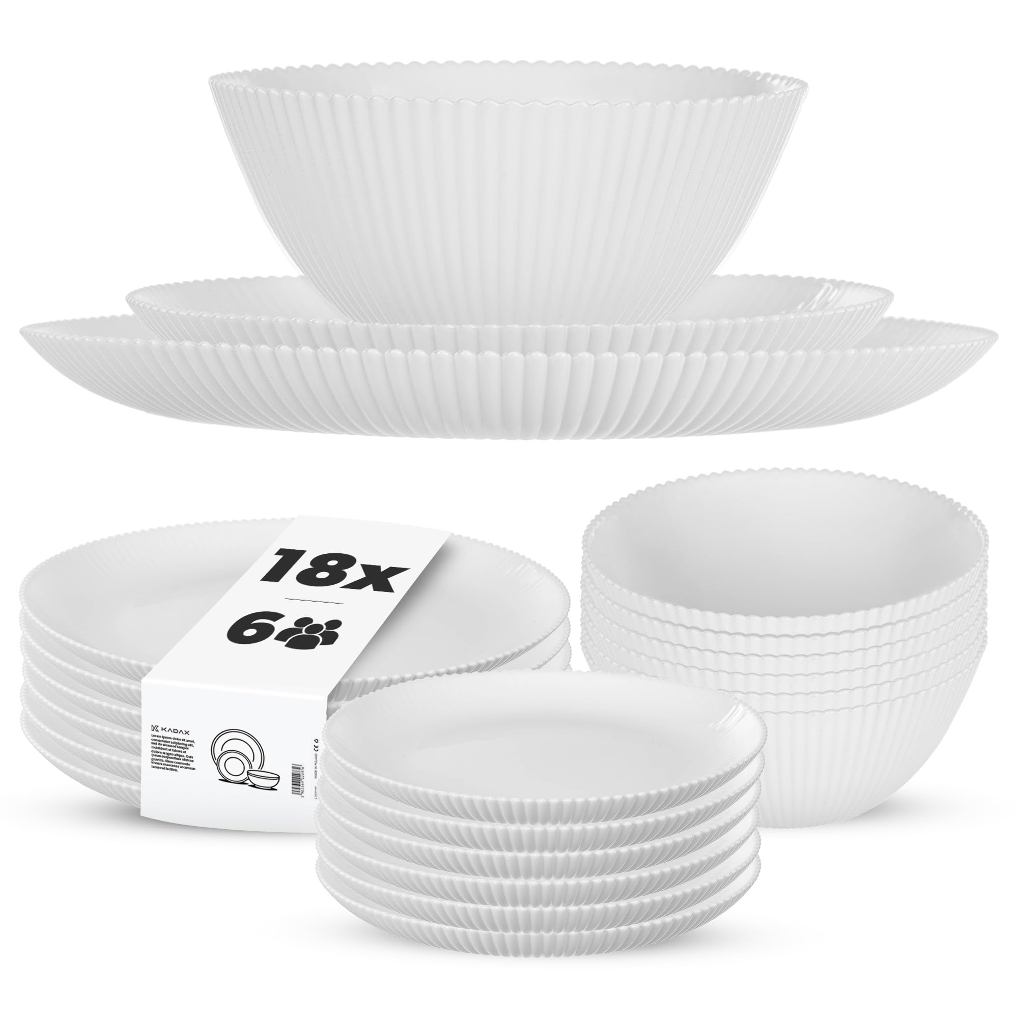 KADAX Geschirrset für 6 Personen, 18-teilig, weiße Tafelservice aus Opalglas mit Suppenschalen, Speisetellern & Desserttellern, Spülmaschinenfest (Weiß XL)