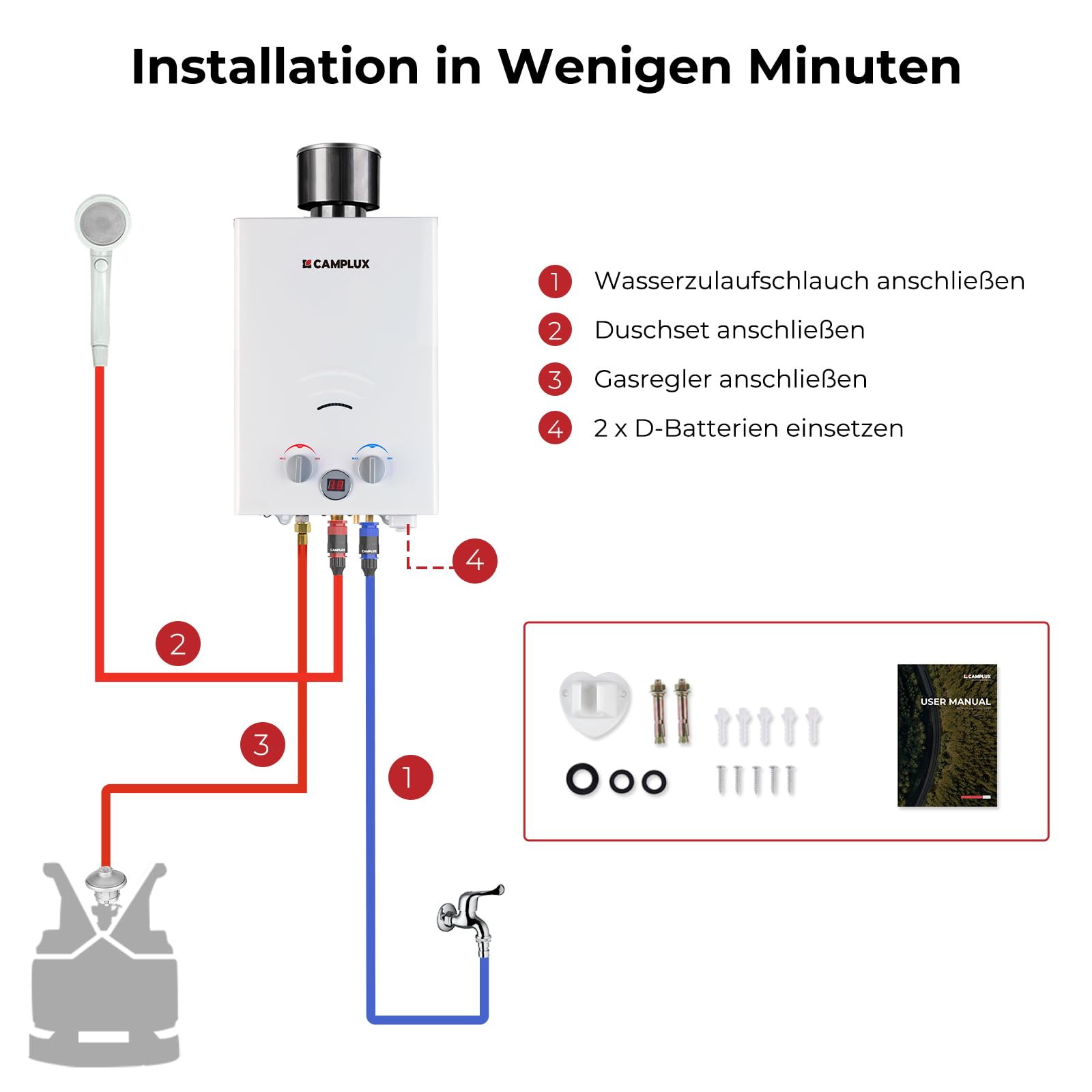 CAMPLUX BW158C Scaldacqua a Gas Tankless, 6 Litri, 12kW, Butano (28-30 mbar) / Propano (37 mbar), per Doccia da Campeggio