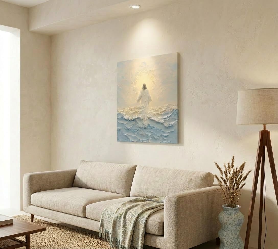Jesus Walking On Water Canvas Wall Art Christian God Painting Wall Decor Minimalist Faith Inspirational Divine Print Poster Print Artwork for Living Foom Bedroom Christian Church Home Decoration
