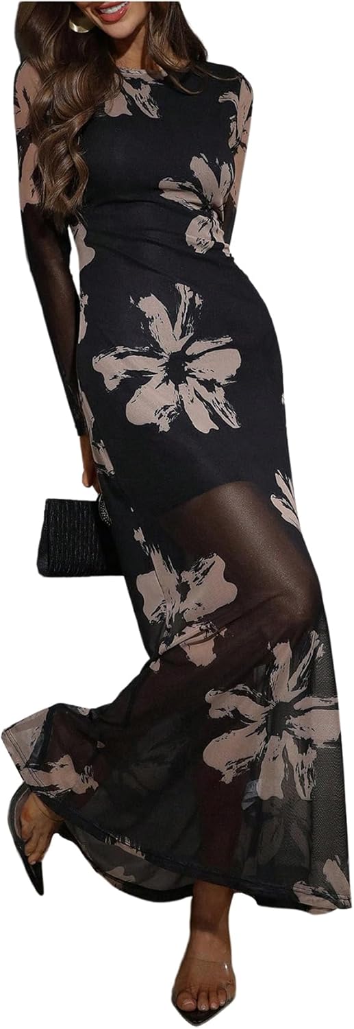 Women's Floral Maxi Dress Elegant Sheer Mesh Long Sleeve Wedding Guest Dresses Party Club Dresses Cocktail