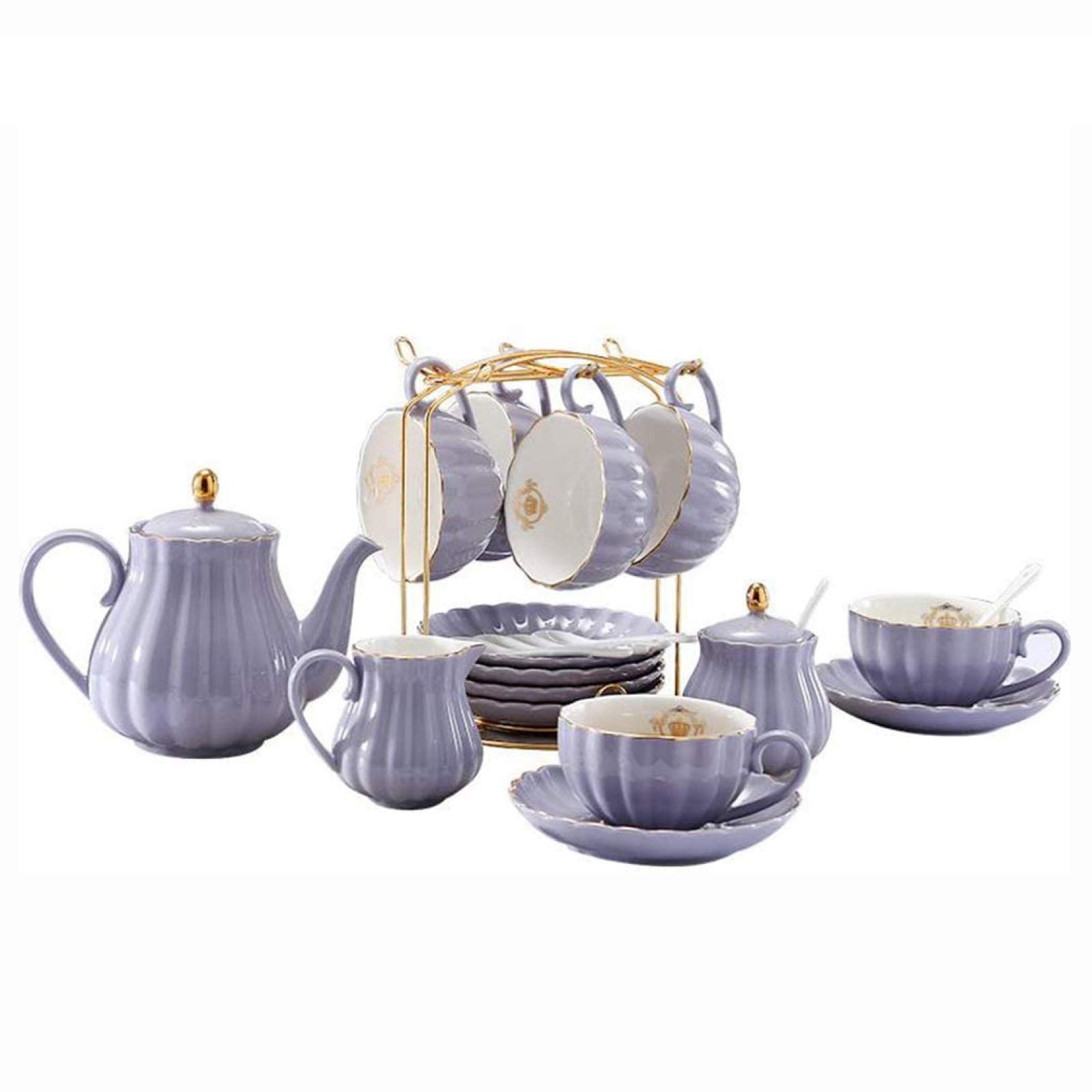 Set regalo per tè e caffè in ceramica da 22 pezzi Set da tè in porcellana serie teiera viola zuccheriera e cucchiaini da tè decorazione