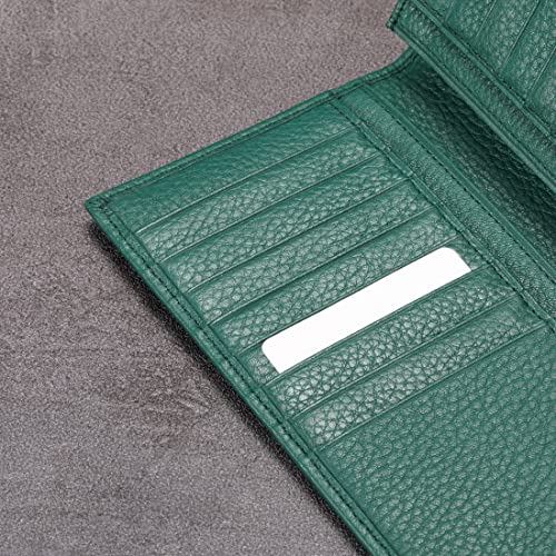 Image of HISCOW Bifold Long Wallet with 15 Credit Card Slots - Italian Calfskin, Pebbled Green, 6.97 inchH x 3.5 inchW x 0.98 inchD, Italian Style
