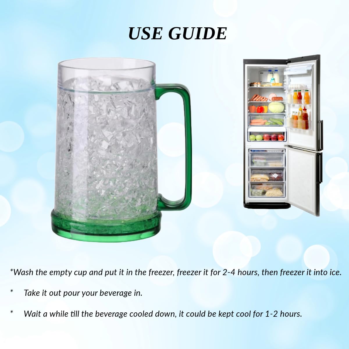 BETALTOV Double Wall Gel Frosty Freezer Mugs/ 16oz Cool Coffee Cups, Juice Ice Mugs with Handle for Ice Cold Beverages/Perfect for Summer Parties and Outdoor Fun/Multicolour (Green) 4