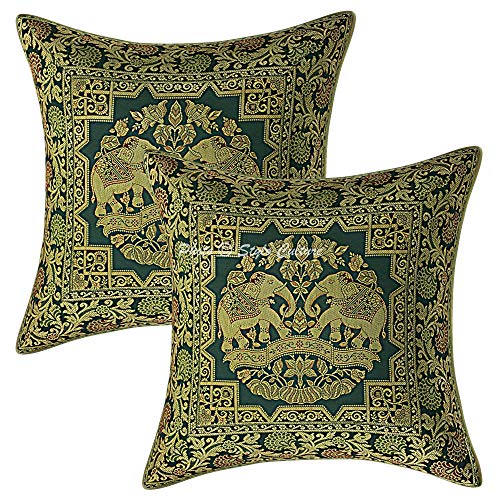 Image of Decorative Brocade Cushion Covers 16 Inch x 16 Inch Banarasi Jacquard Dark Green & Gold Living Room Elephant Traditional Square 40x40 cm Zippered Sofa Settee Pillowcases -Set of 2 Pcs