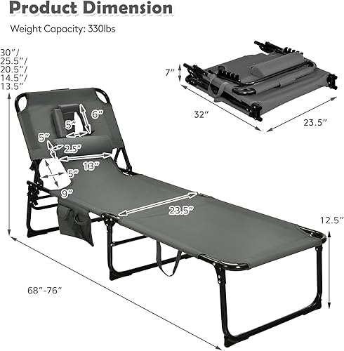 Miniatura 3 de Goplus Silla bronceadora, silla de playa plegable con agujero para cara y brazo, 5 posiciones ajustables, almohada extraíble, bolsillo lateral,