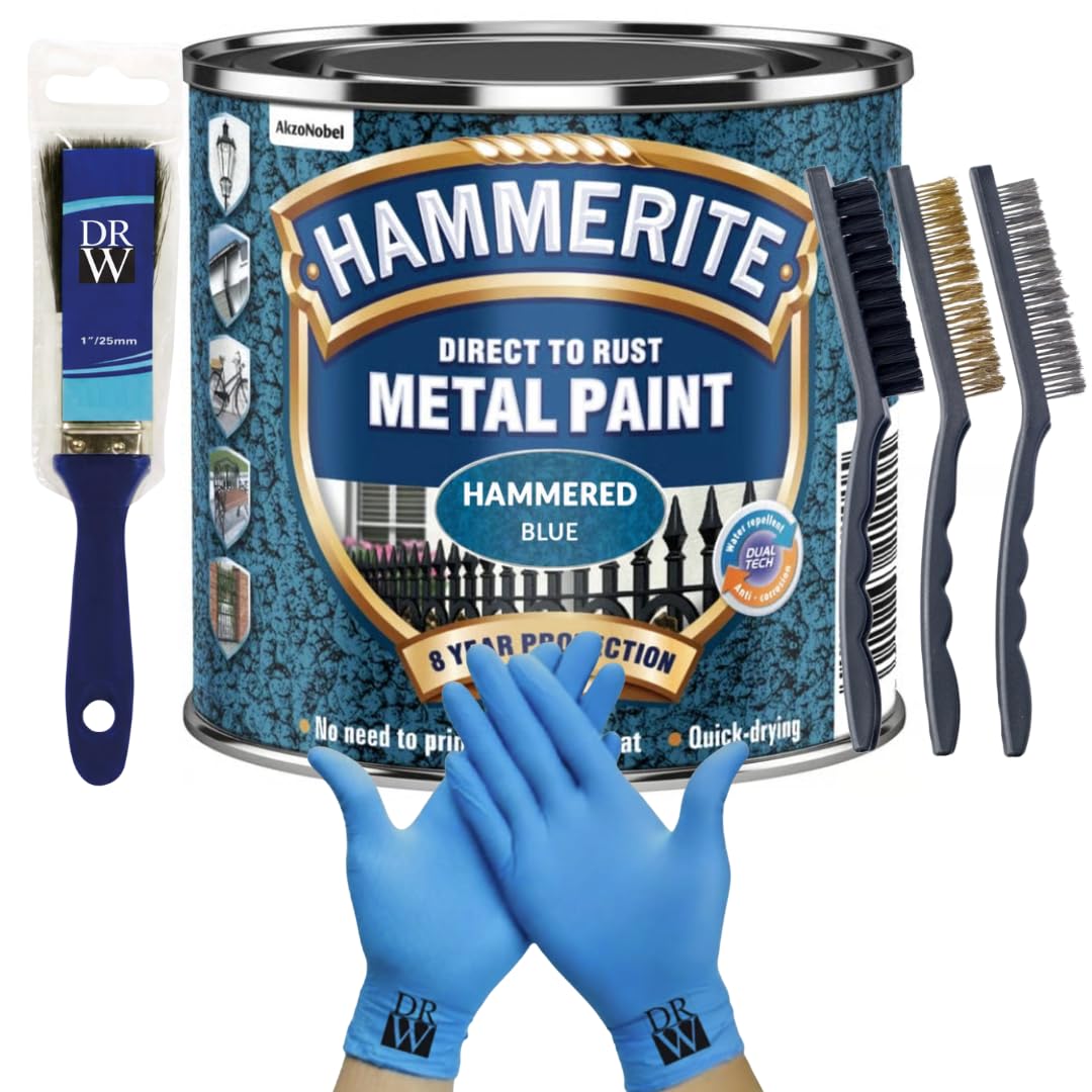 DRW Hammerite Direct to Rust Metal Paint Hammered Blue 250ml 1" Paint Brush, 3 Wire Brush Set & Free Nitrile Gloves | Durable Rust Protection for Indoor & Outdoor Metal