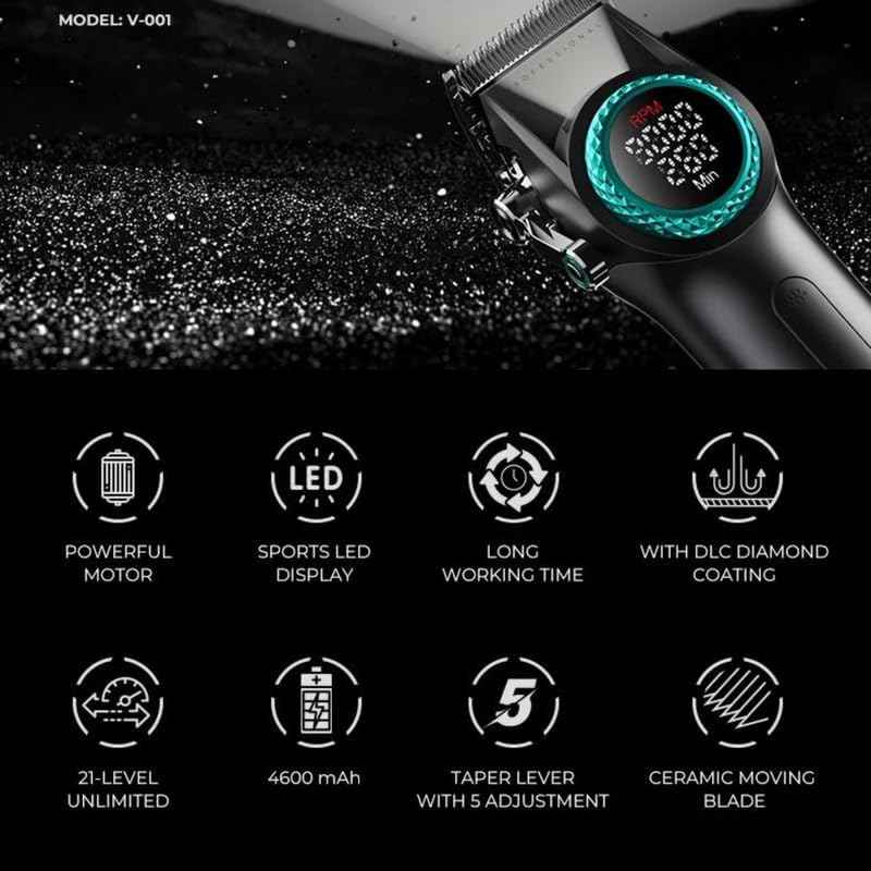 Image of VGR V- 001 Ultra Premium 7000-9000RPM Professional hair clipper Taper lever 5 Level 10x combs 4600MAH battery adapter charging base 21-level speed change Digital display LED light 300 Min, Multi 3