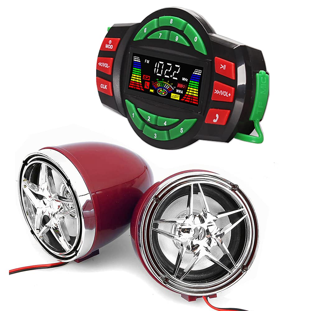 UTV ATV Bluetooth Amplifier Sound System Hand-Free Speakers FM USB Audio System Stereo 3 Inch Speakers 12V Motorcycle Waterproof Audio FM Radio Stereo Speaker (Chrome&amp;Red Star Speaker)