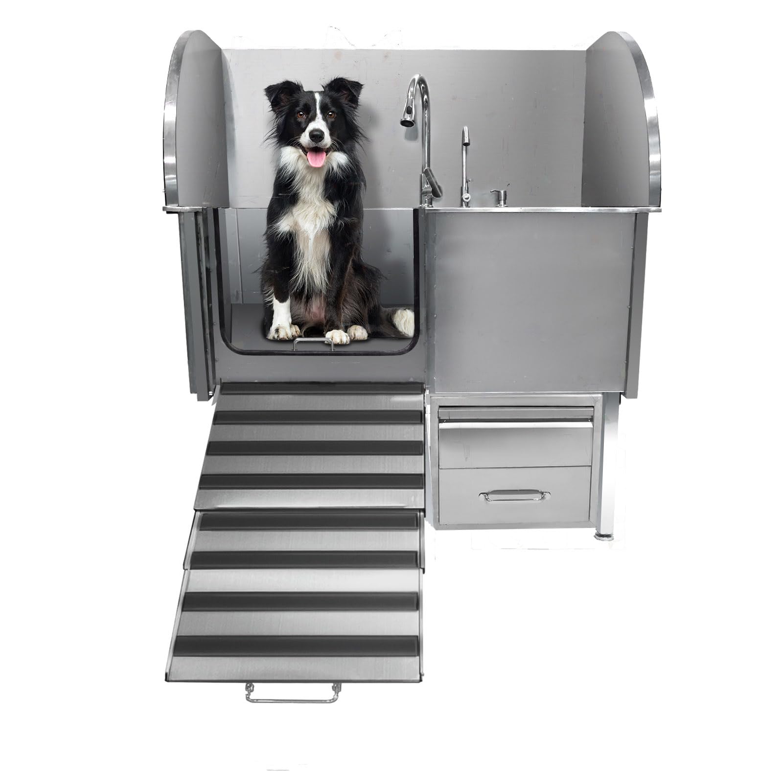 Towallmark Professional Stainless Steel Dog Bathing Tub - Dog Grooming Tub w/Ramp, Moveable Storage Drawer, Floor Grate & Faucet/Dog Bathtub for Large, Medium & Small Pets (50