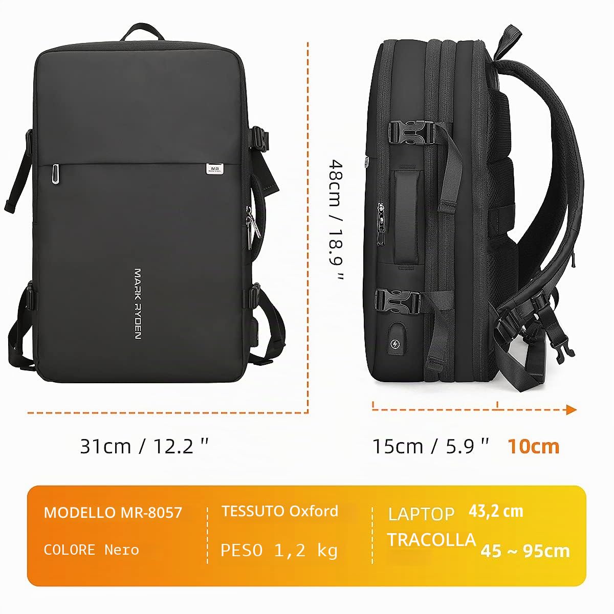 MARK RYDEN Zaino per Laptop a Prova di Furto, 15,6 pollici/ 17 pollici Zaino da Lavorocon Caricatore USB, 40L zaino da Viaggio Impermeabile, Nero
