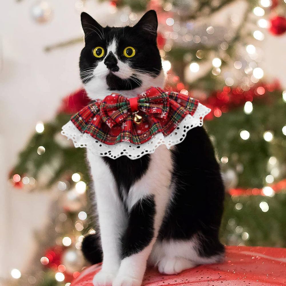 Christmas Cat Collar Set, 3PCS Holiday-Themed Pet Scarf with Bells, Festive Red Green Black Plaid Design - Image 4