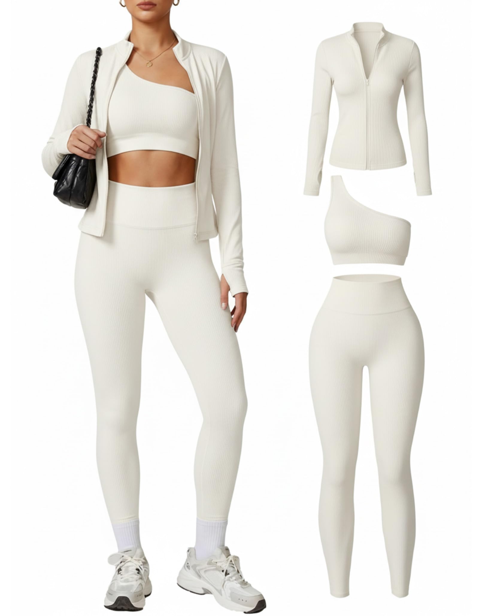 Coume Women 3 Piece Seamless Workout Set Gym Yoga Sports Bra High Waisted Leggings Zip Up Jacket with