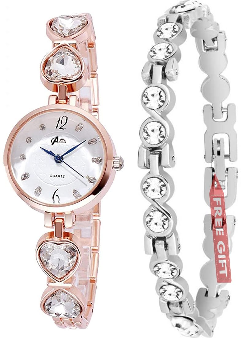 Acnos Premium Petal Stone White Diamond Rosegold Bengle With Silver Bracelet ! For Girls And Women Pack Of - 2 - Analogue, Stainless Steel (B08W8H13F2) Amazon Price History, Amazon Price Tracker