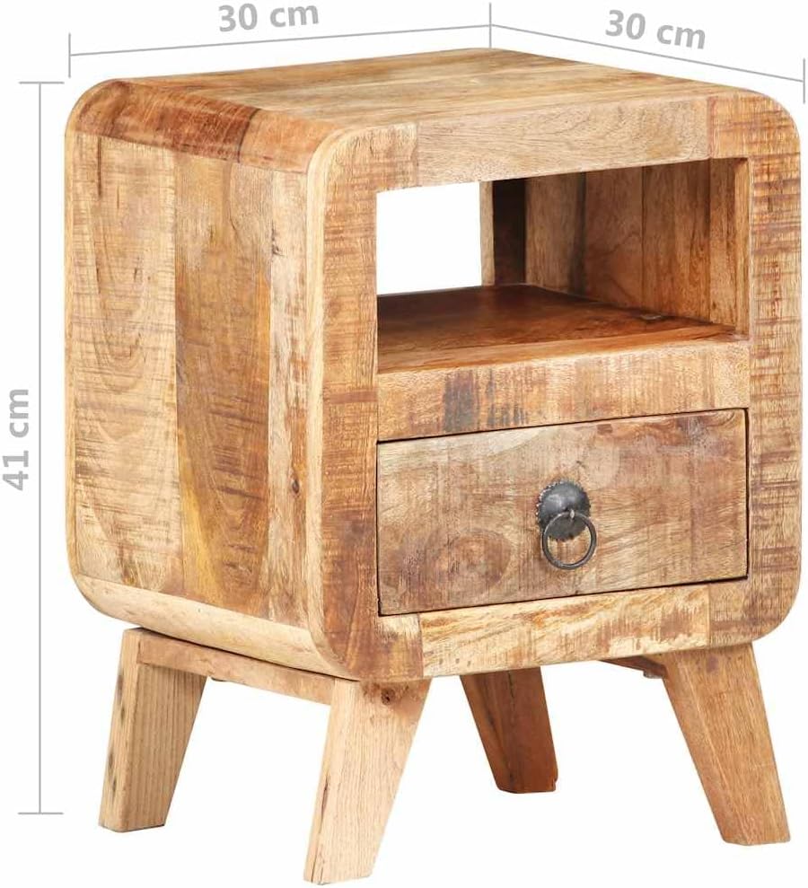 Solid Mango Wood Bedside Cabinet 11.8x11.8x16.1 in Nightstand Side Table with Drawer Rustic Finish Handcrafted Furniture for Bedroom Living Room Storage