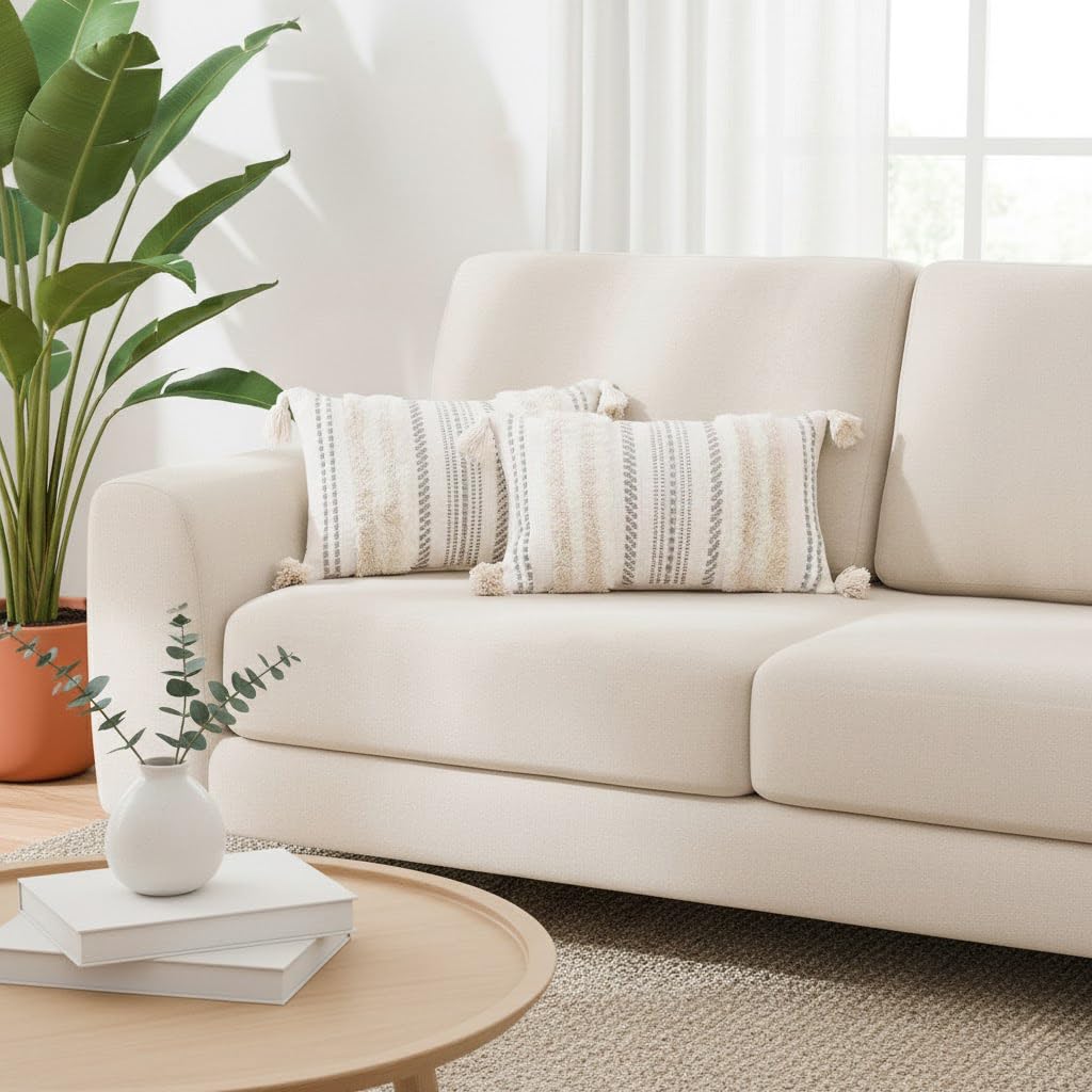 Set di 2 federe decorative per cuscini lombari in stile bohémien, per letto e camera da letto, federe in tessuto trapuntato, 30 x 50 cm, beige