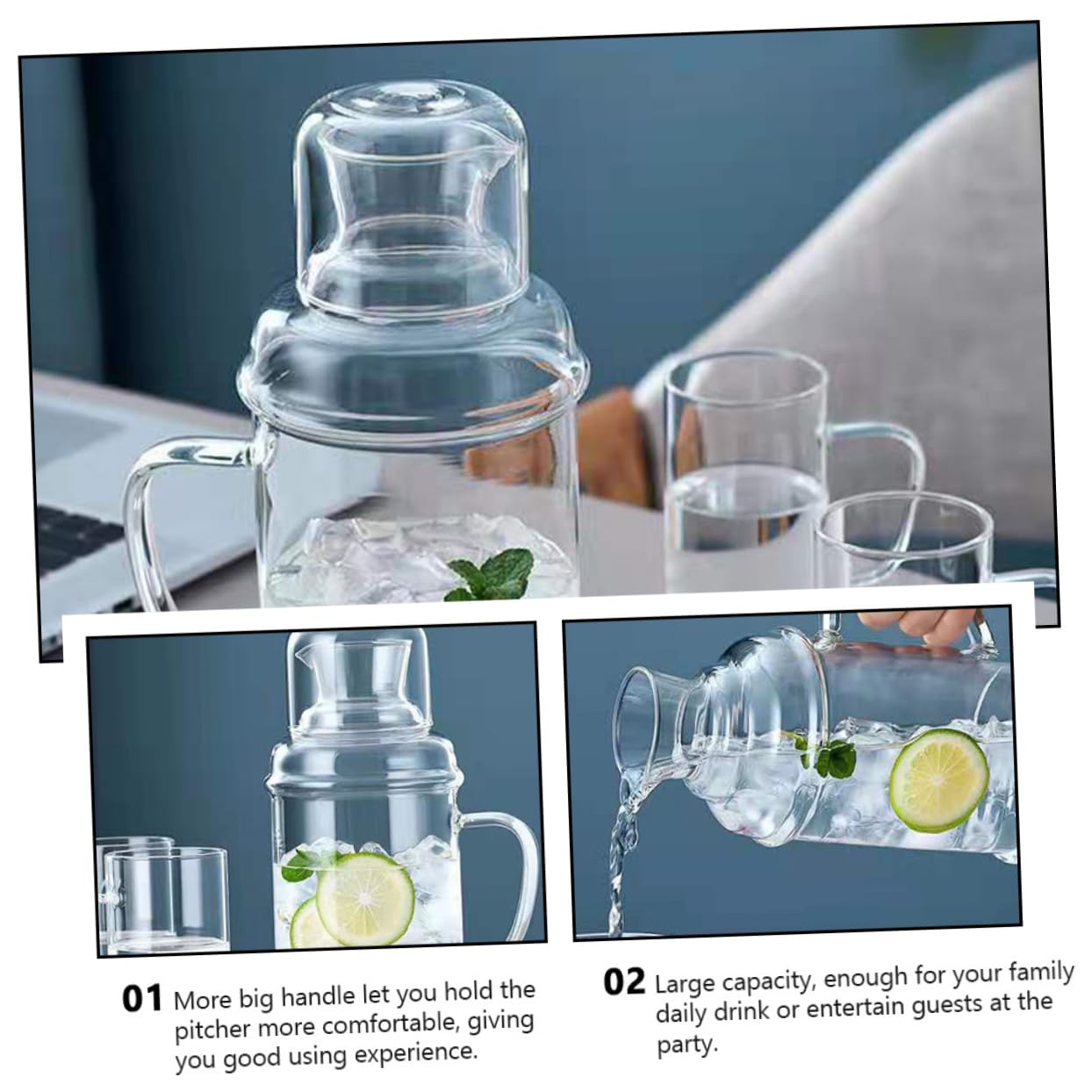 Große Hitzebeständige Glas Wasserkanne 2000ml für Haushalt und Party mit Klassischem Design und Hoher Temperaturbeständigkeit