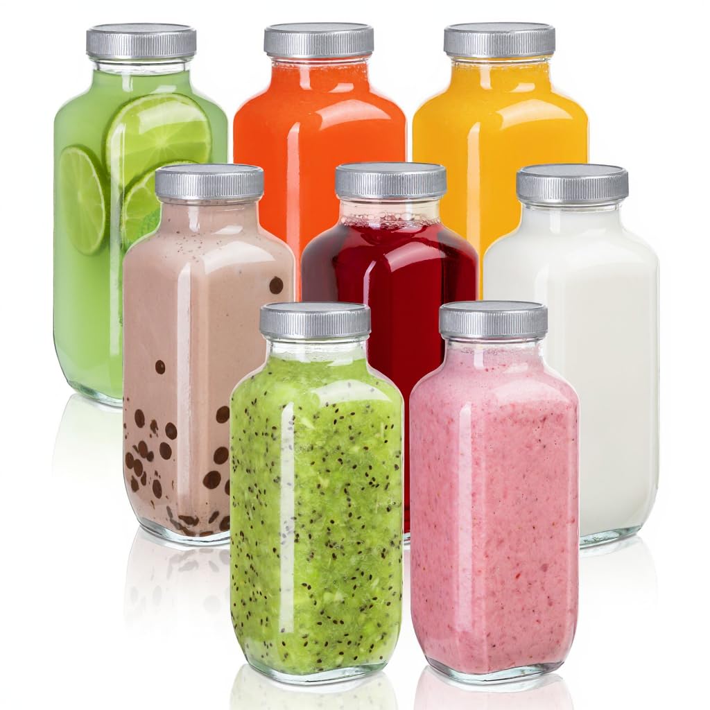 umud Juice Bottles with Lids 16 Oz - Set of 8 - Clear Glass Jars with Caps -