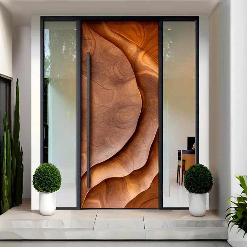 Moderna puerta de entrada de aluminio con paneles de madera, diseño pivotante, marco negro con luces laterales, puerta delantera contemporánea para el hogar