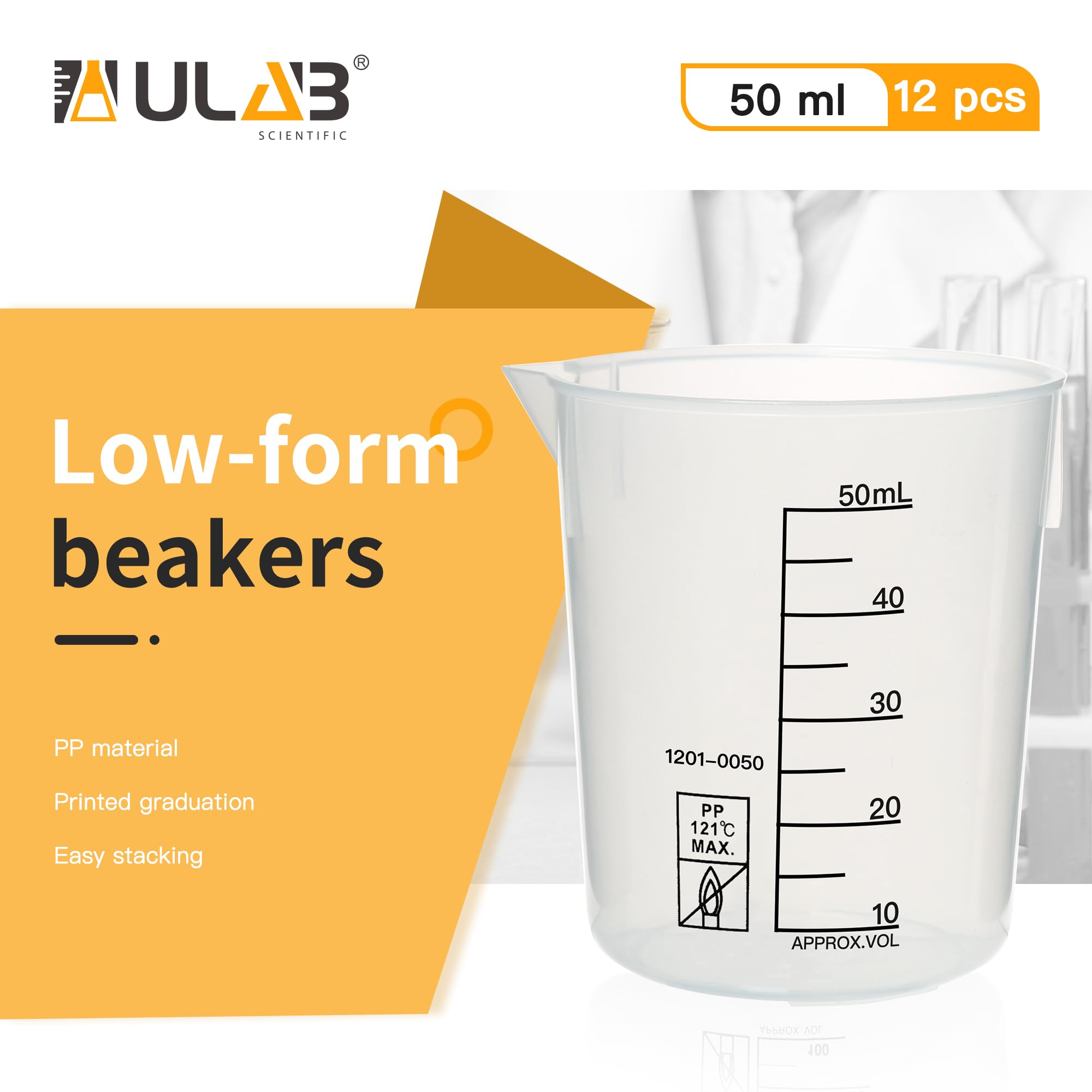 ULAB Scientific Stackable Graduated Plastic Beakers, 12pcs of Vol.50ml(1.69oz), with Easy-to-Read Printings in Black, UBP1021