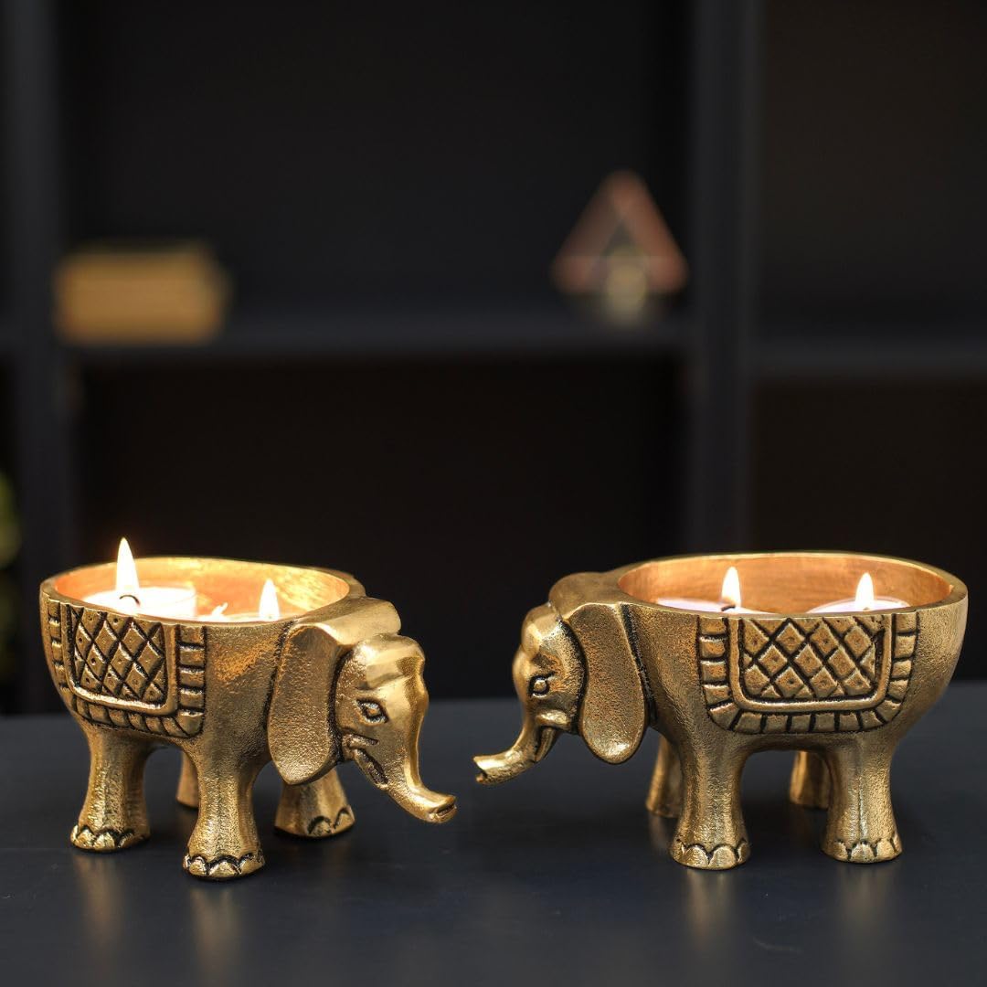 BEHOMA Aluminium Elephant for Good Luck | Statue for Tabletop Living Room Office | Candle Holder Gift Showpiece for Valentine's Day, Birthday (Candles/Plants Etc Not Included, Set of 2, Golden)