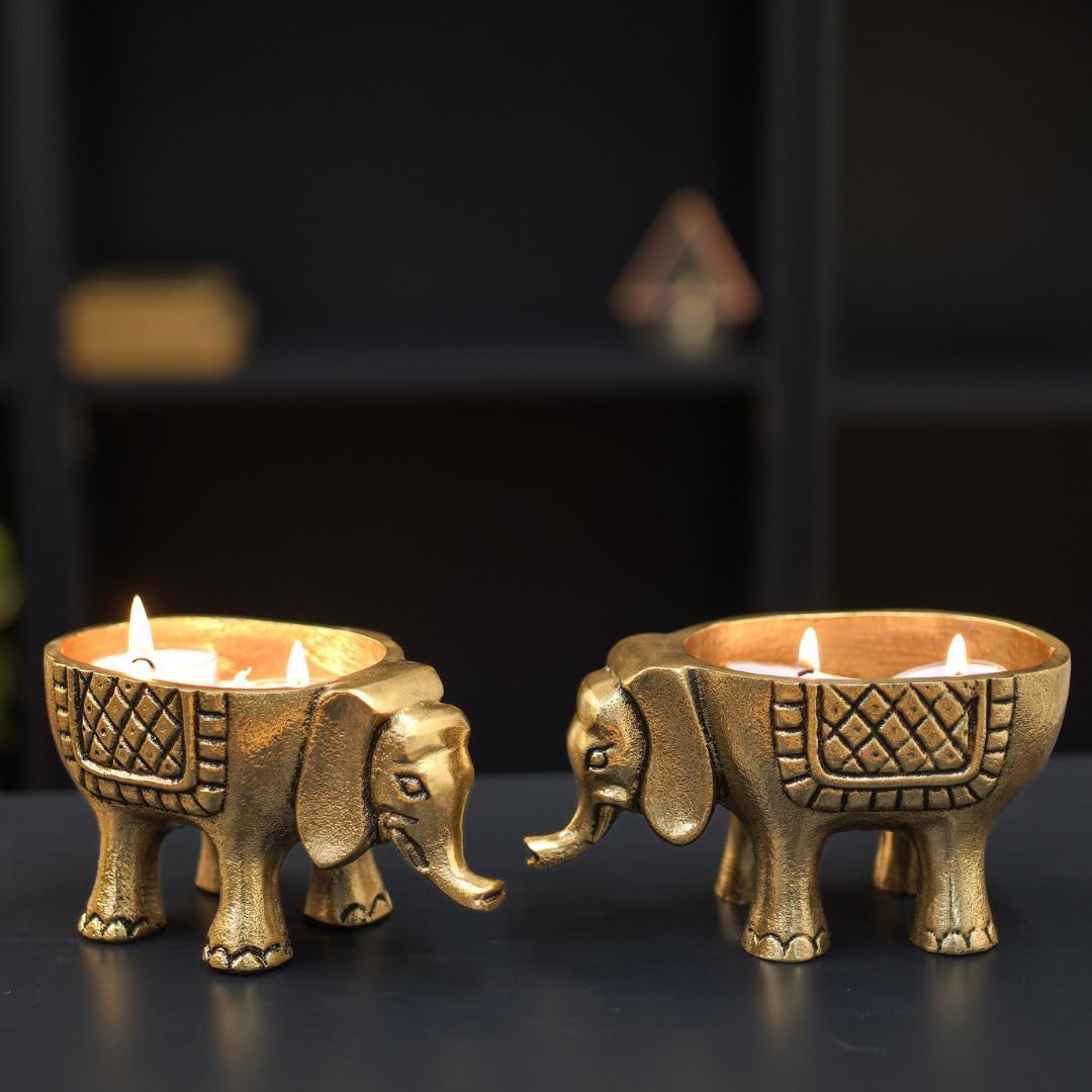 BEHOMA Aluminium Elephant for Good Luck | Statue for Tabletop Living Room Office | Candle Holder Gift Showpiece for Valentine's Day, Birthday (Candles/Plants Etc Not Included, Set of 2, Golden)