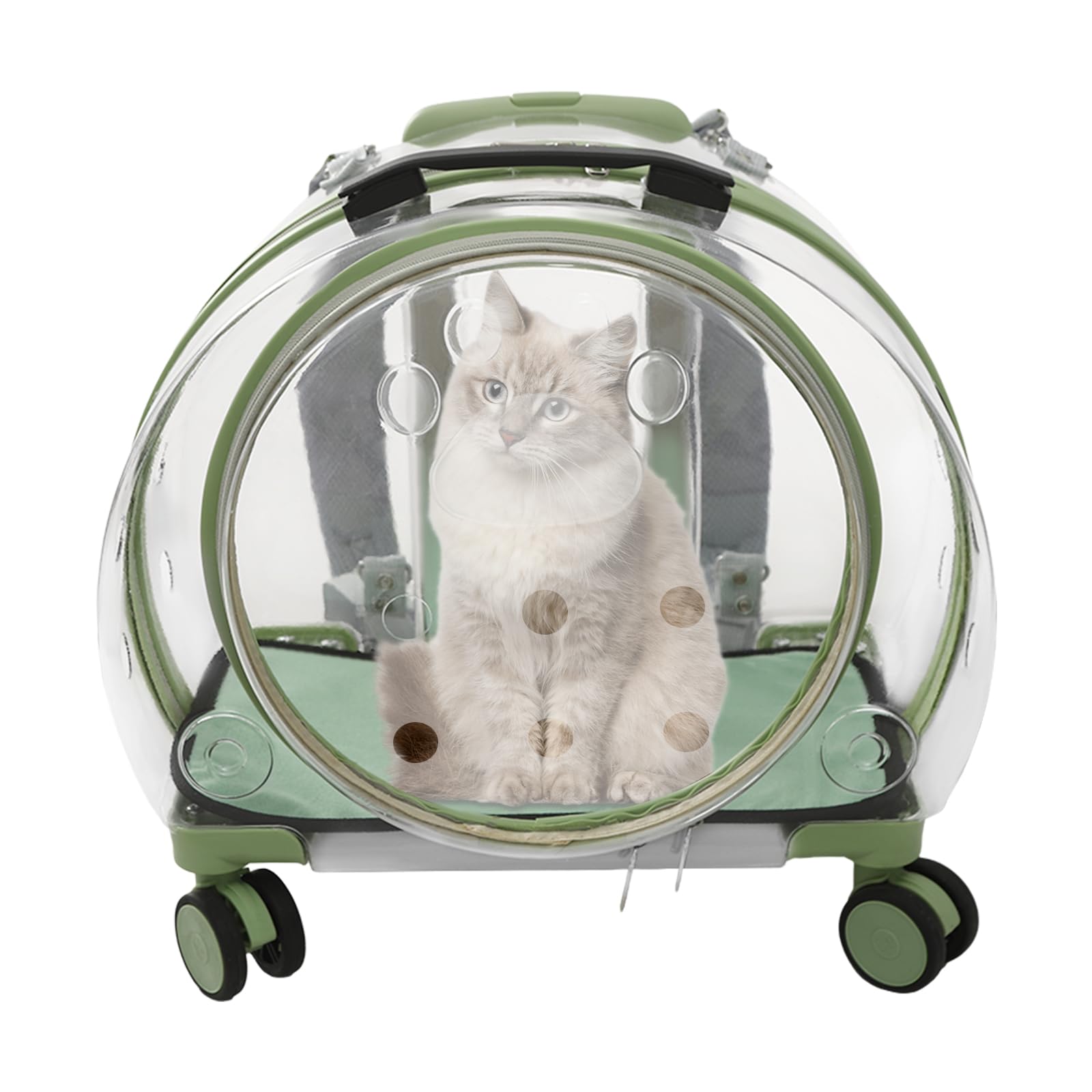 Transparent & Fully Breathable Hard Cat Carrier with Rolling Wheels, Multiple Carrying Carrier for Cats, Dogs, Or Bunnies for Traveling, Taking a Walk, Applicable Weighing up to 19.84lbs (Green,Clear)