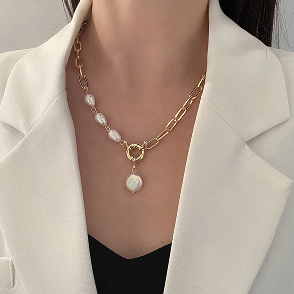 WiwparWiwpar Fashion Alloy Chain Choker Necklace Paperclip Choker Chain Necklace Pearl Pendant Necklace Gold for Women and Girls