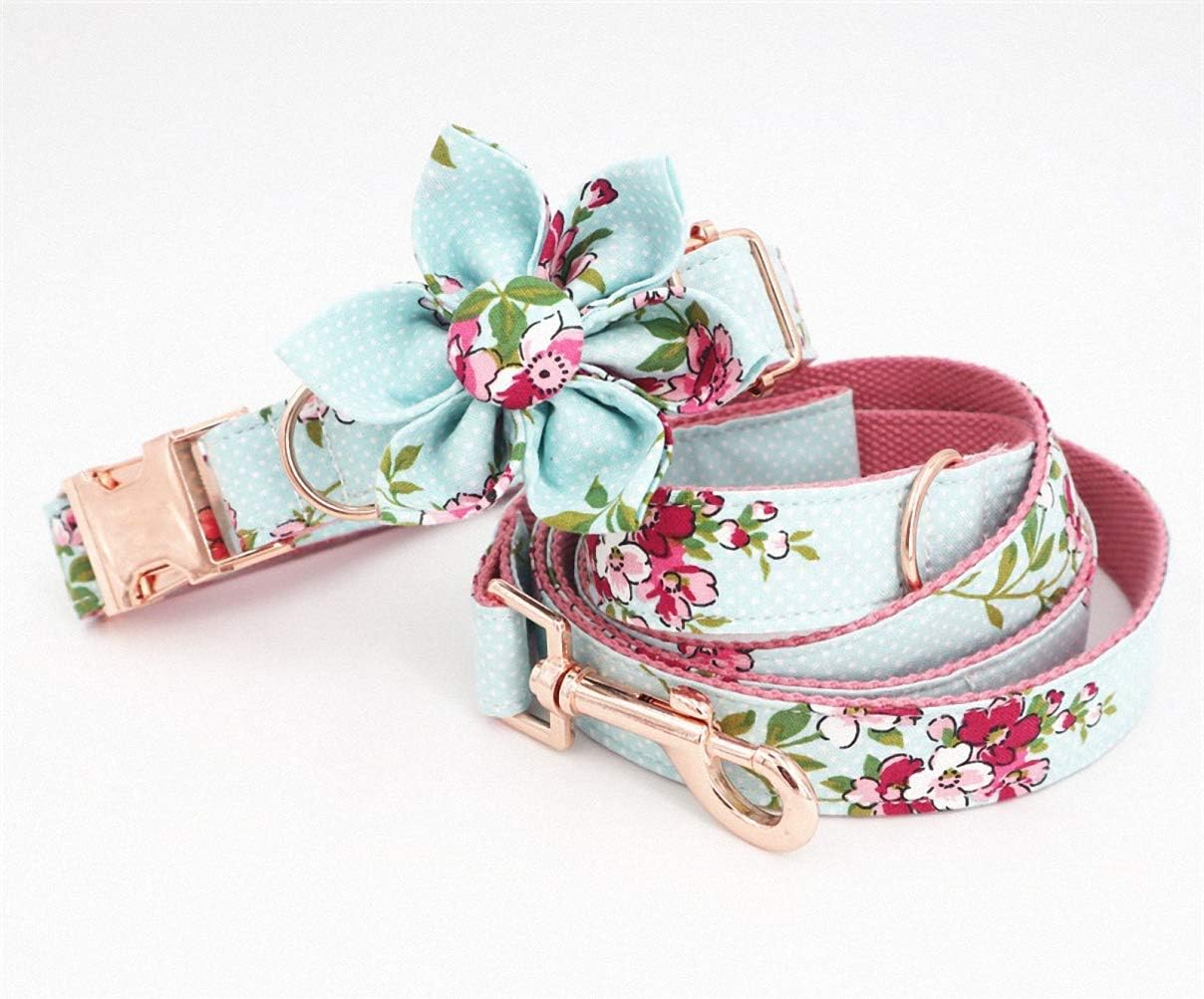 Girl Dog Collar Dog Flower and Leash Set for pet Dog cat with Rose Gold Metal Buckle Collar Flower Leash M(30-45cm Length)